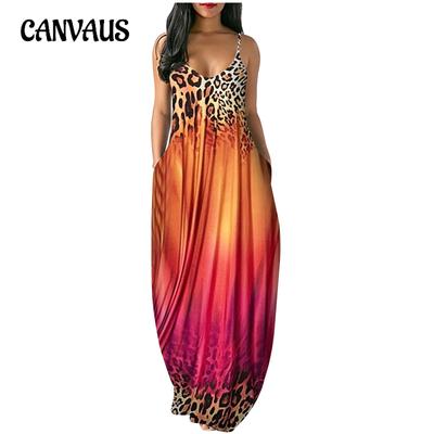 Летнее женское платье, повседневное платье с принтом, градиентные цвета, длинные свободные платья с лямкой на шее