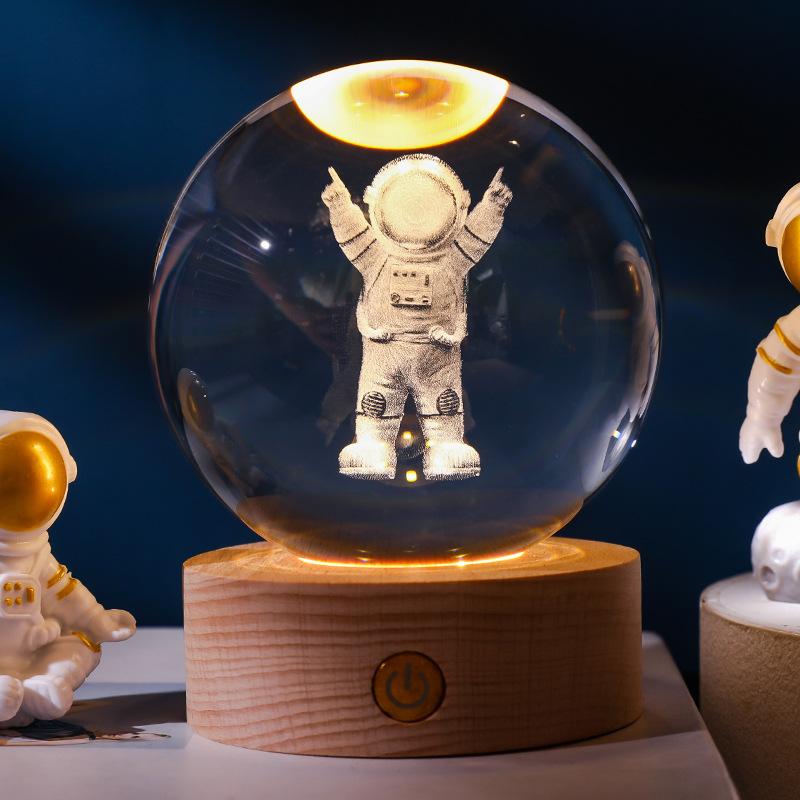 Personalize Wood Base logo 3d Laser Engraving Solar System Saturn Moon Crystal Glass Ball Home Decor Night Lights