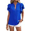 Women Casual Shirt V-neck Ruffle Short Sleeve Pullover Tops Solid Color Loose Fit Blouse
