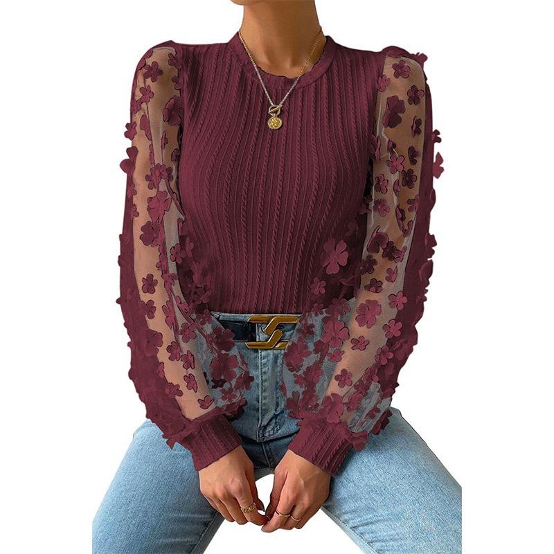 Mesh Small Flower Chiffon Shirt for Women In Spring Summer Round Neck for Slimming Pullover Long Sleeved Top