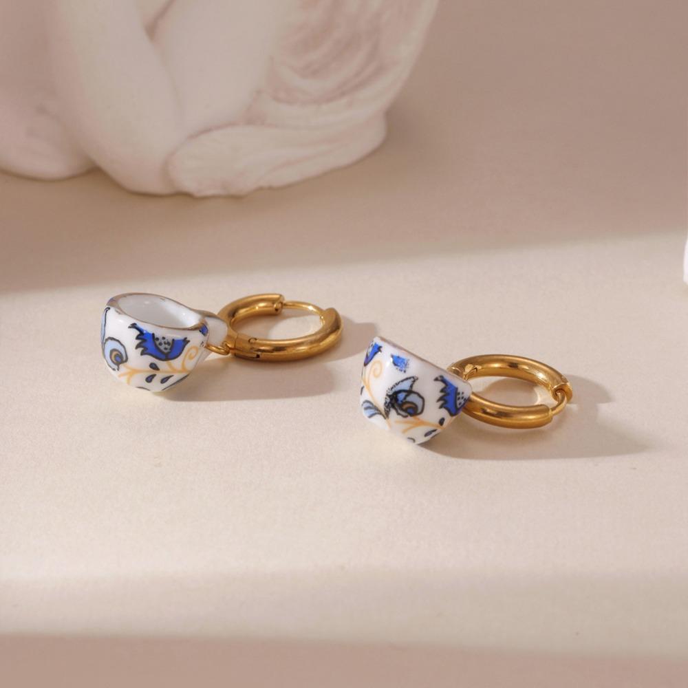 Chinese Style Blue and White Porcelain Earrings Dripping Oil Gold Enamel Hoop Earrings  Women
