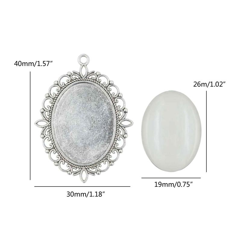 10 Set Metal Alloy Pendant Trays Oval Bezel Trays DIY Vintage Blank Pendant Bases with Transparent Glass Cabochons