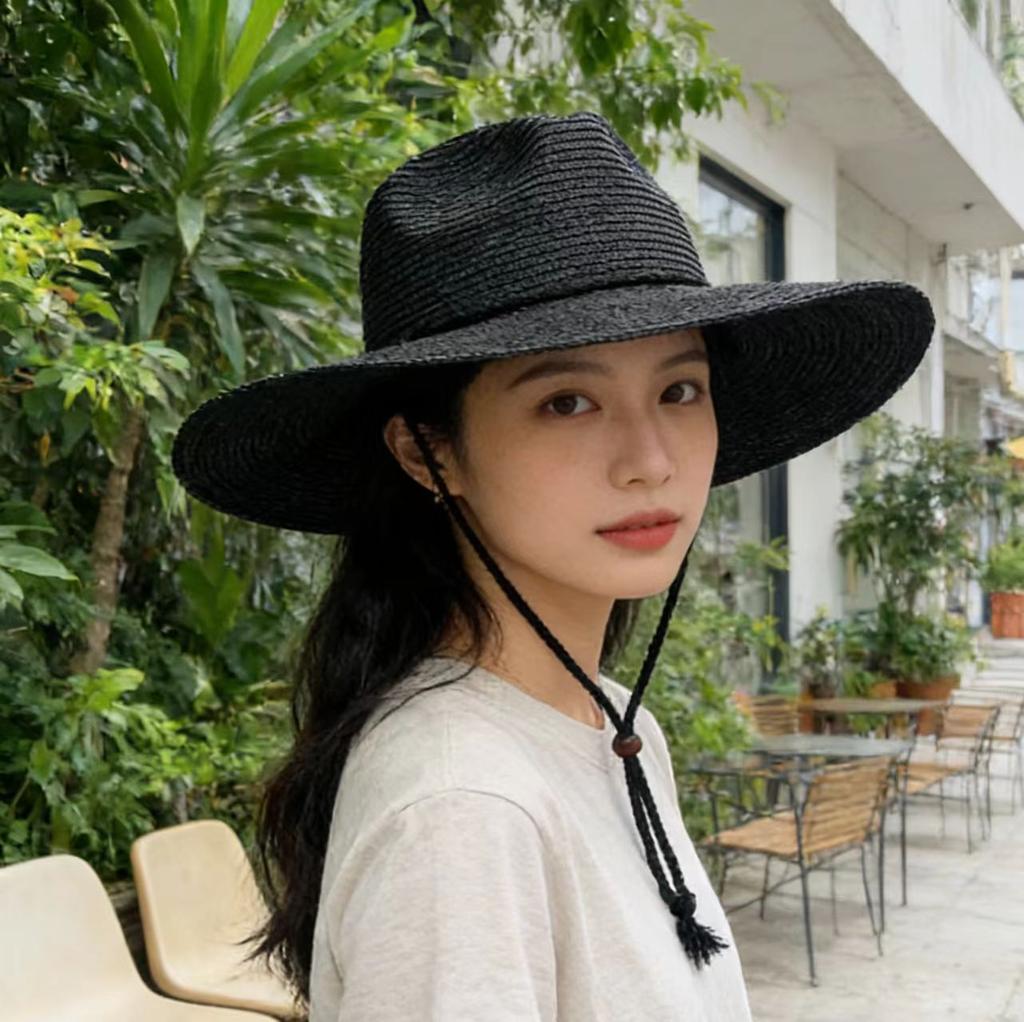Summer new lanyard large brim sunshade beach straw hat unisex versatile outdoor hiking sun hat