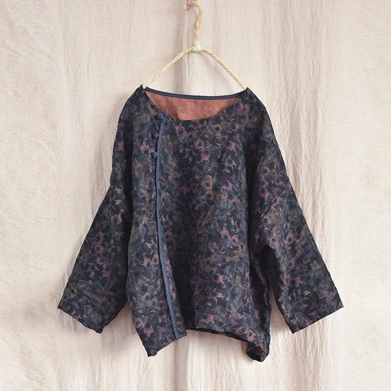 Johnature Women Vintage Button Coats O-neck Long Sleeve Print Floral Loose Clothes Autumn Cotton Linen Casual Coat