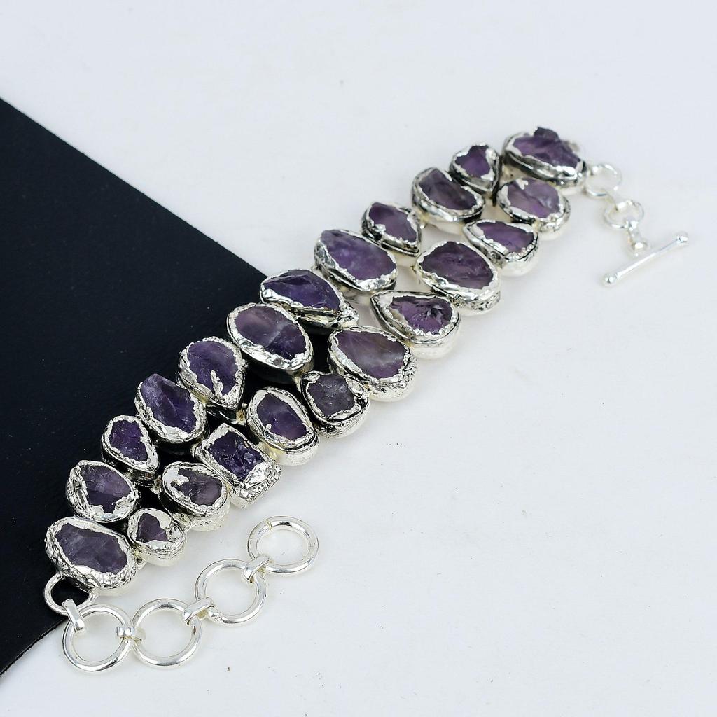 Натуральный необработанный аметист драгоценный камень ручной работы из стерлингового серебра 925 пробы, браслет с гальванопластикой, необработанный аметистовый браслет для жены, браслет унисекс, подарок для любви