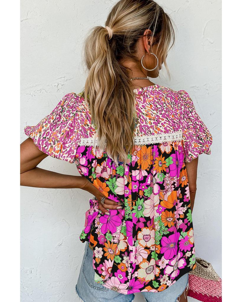 Azura Exchange Блузка с цветочным принтом и кружевной отделкой, розово-красного цвета, с рукавами-фонариками