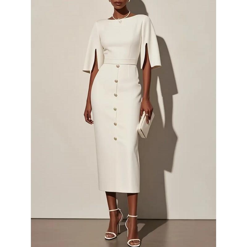 Solid Color Round Neck Knit Dress With Waist Cinching Side Slit Button Detail Women