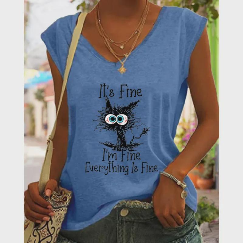 Свободный жилет с V-образным вырезом и рукавами-крылышками 2024 года с принтом черного кота