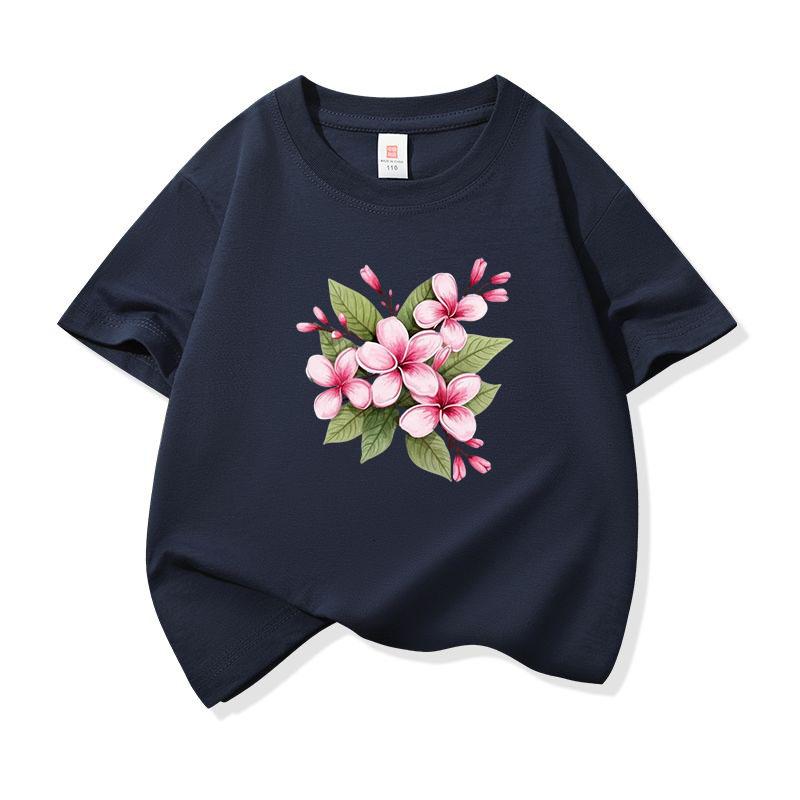 Kids Cotton T Shirt Pink Plumeria Floral Print Crew Neck Short Sleeve Tee Casual Breathable Boys Girls Summer Tops