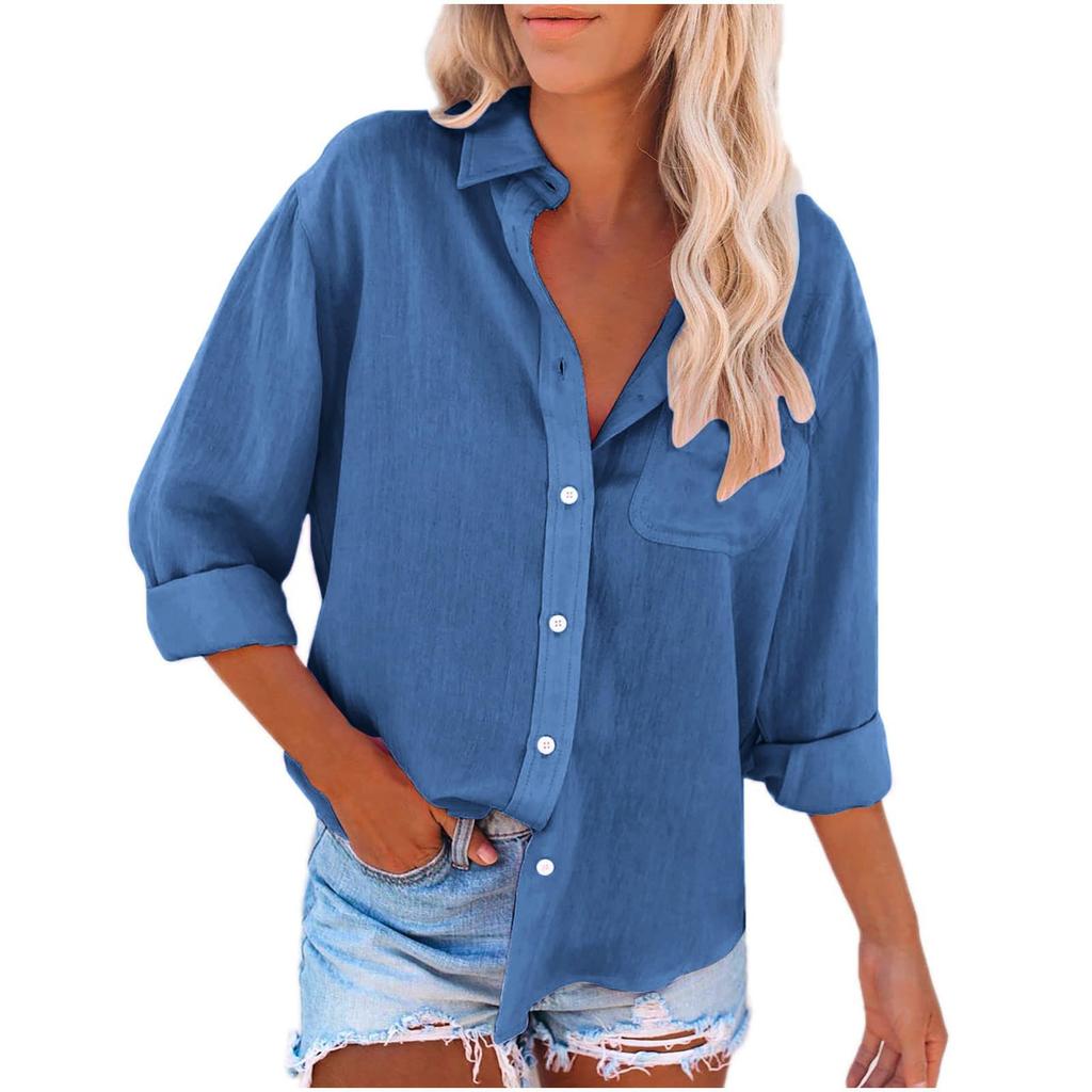 Women's Fashion Lapel Single Breasted Pocket Long Sleeve Solid Colour Casual Shirt Top