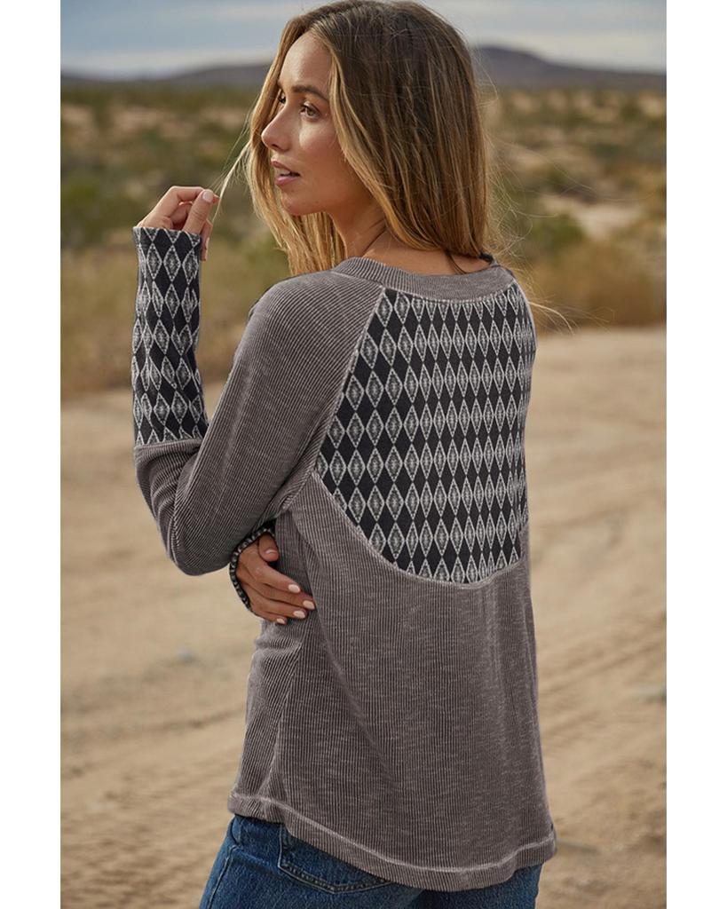 Azura Exchange Gray Aztec Patchwork Ribbed Long Sleeve Top