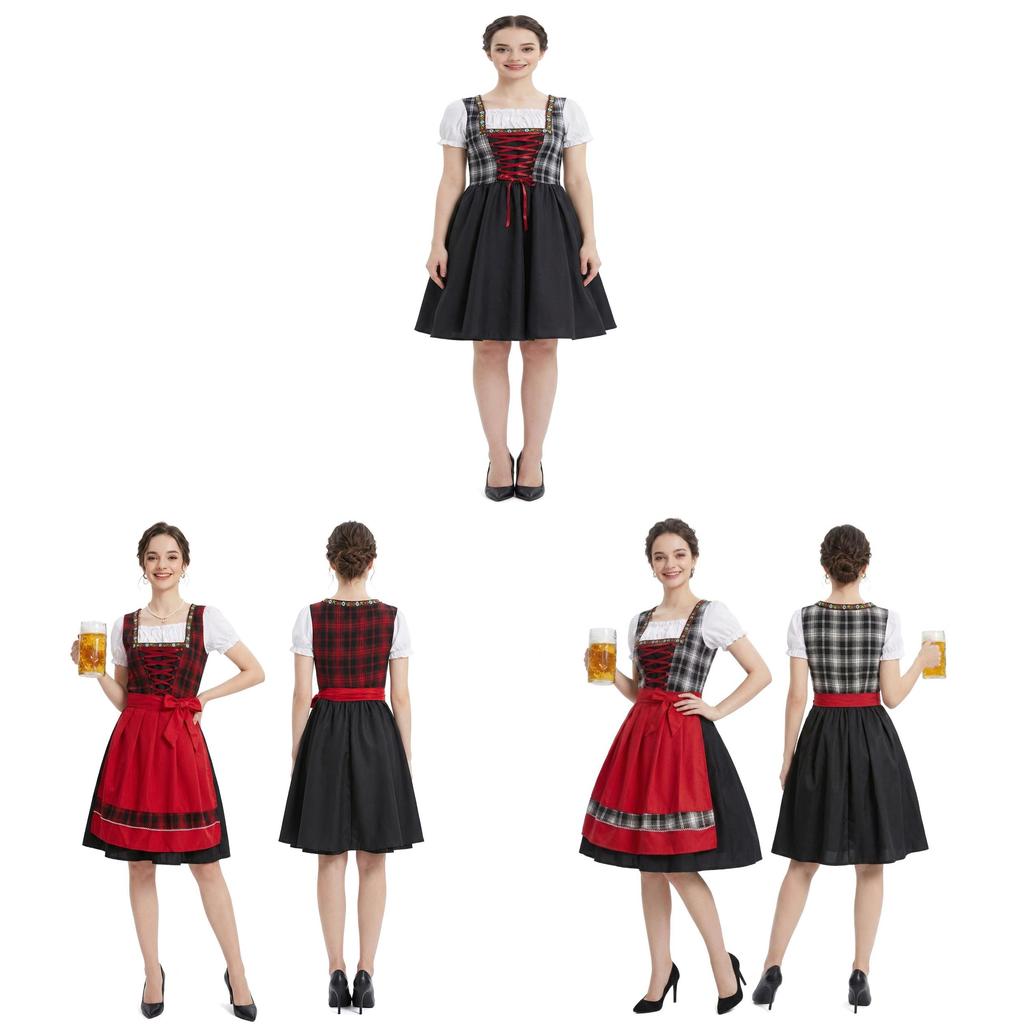 Oktoberfest Costume Women Retro Red Black Tartan Dress For Halloween Event