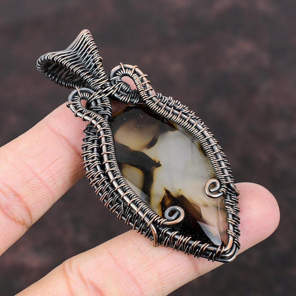 Подвеска из агата Монтана, подвеска из медной проволоки, подвеска из драгоценного камня ручной работы, ювелирное изделие в обертке, подвеска из камня по дате рождения, уникальное ювелирное изделие из меди