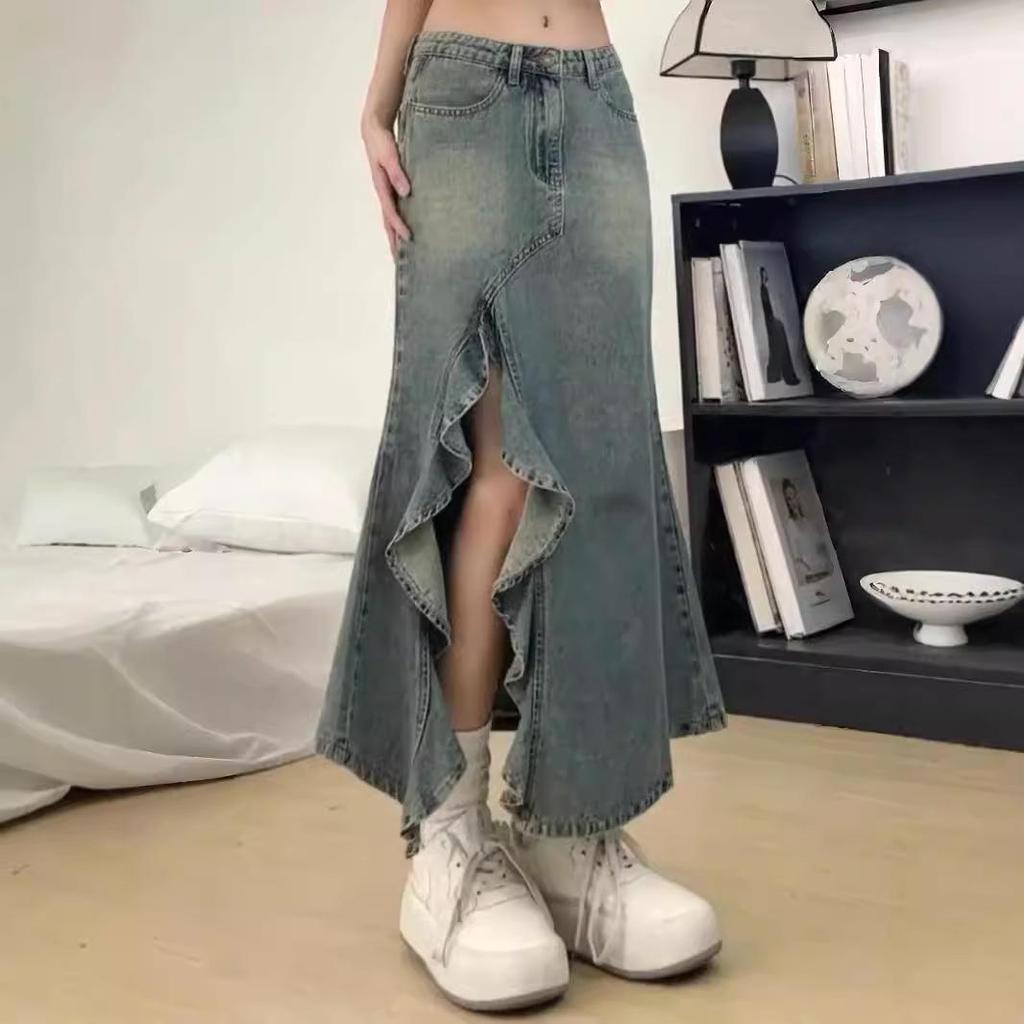 Женская джинсовая юбка-рыбий хвост в стиле ретро с высокой талией — большая, А-силуэт, летняя 
