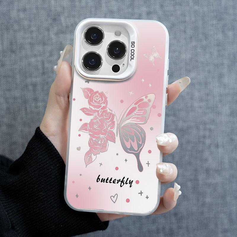 Apple 15 Pro Max Colorful Silver Phone Case (14/13/12), Creative Trendy Style, Cute Butterfly Rose Colorful Silver