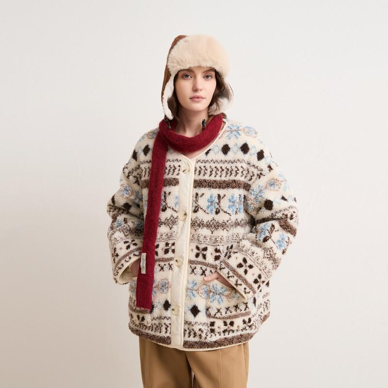 Womens Reversible Oversize Quilted Coat Fair Isle Print Fleece Jacket Winter Warm Outerwear