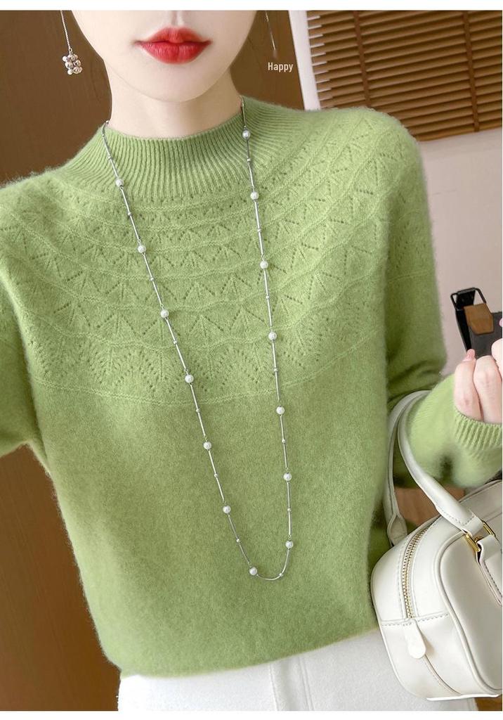 2025 Autumn/Winter Women's Half-High Collar Hollow Design Pure Wool Seamless Sweater Pullover