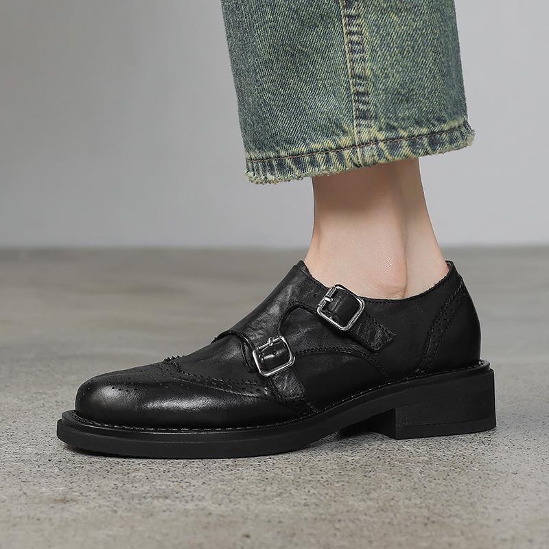 Мода 2025 Осень Новые Женские Туфли Натуральная Кожа Низкий Каблук Повседневные Оксфорды Женские Лоферы с Пряжкой Блок Винтажная Обувь Туфли