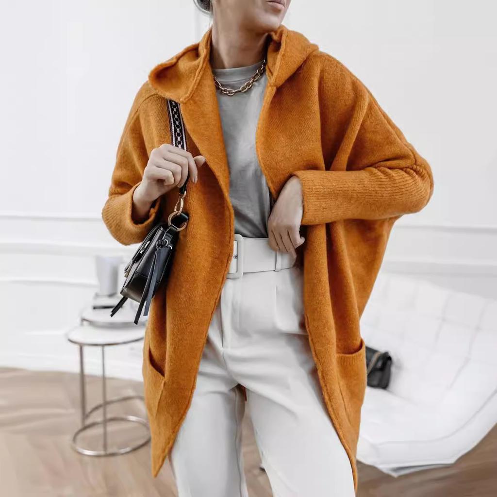 Женский осенне-зимний вязаный джемпер большого размера с карманами и капюшоном, темпераментный пригородный вязаный джемпер