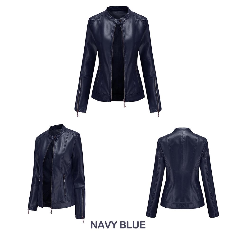 Women's Navy Blue Stand Collar PU Leather Jacket - Lightweight Spring/Autumn Fashion Coat