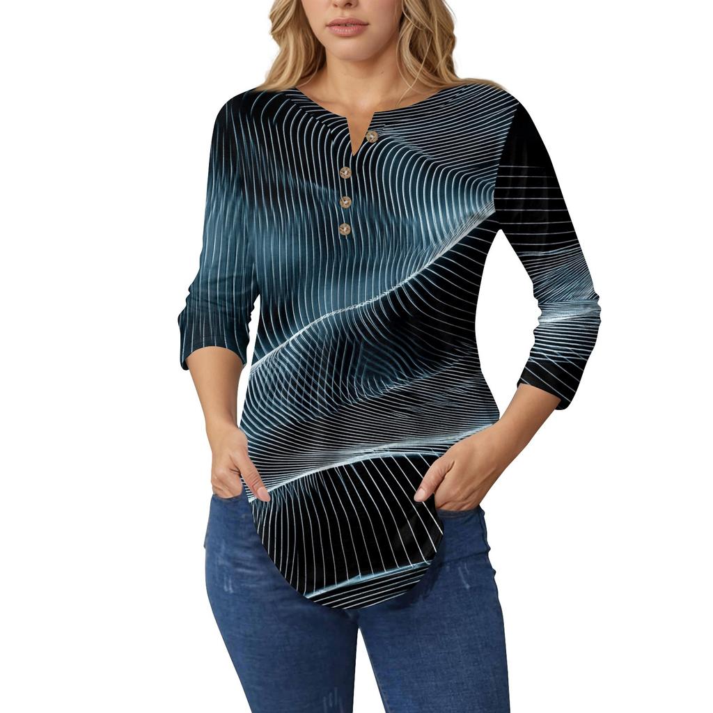 3/4 Length Sleeve Womens Tops Summer T-Shirts Floral Print V Neck Casual Basic Tee Button Shirts Tunic Tops