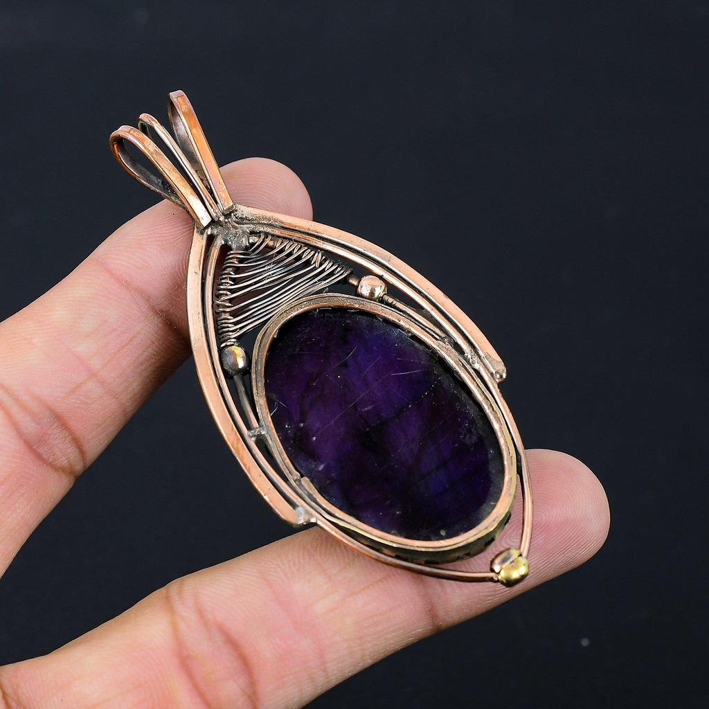 Purple Flash Labradorite Gemstone Jewelry Pure Copper Wire Wrapped Handmade Pendant