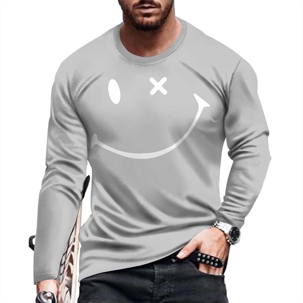 Футболка с длинным рукавом с 3D-принтом и рисунком смайлика для мужчин, простая мода, с объемным круглым вырезом и длинным рукавом