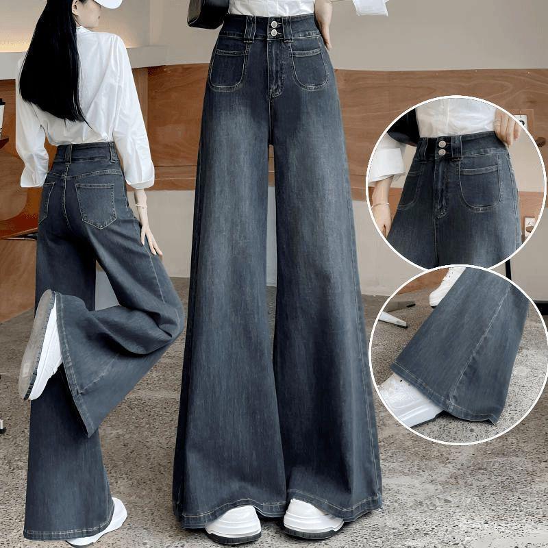 Autumn Women's High Waist Retro Flare Floor-Length Wide Leg Slimming Jeans