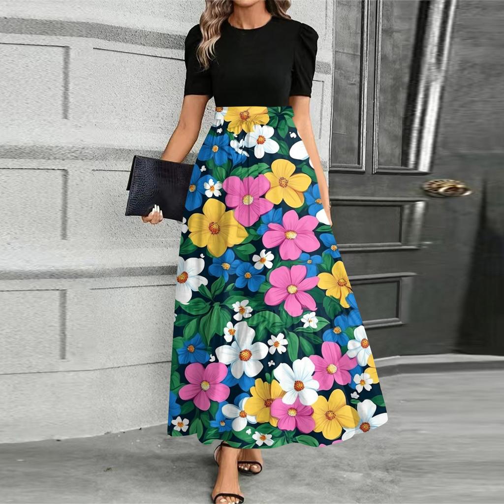 Женское модное повседневное платье с поясом, коротким рукавом, круглым вырезом и принтом, элегантное и темпераментное