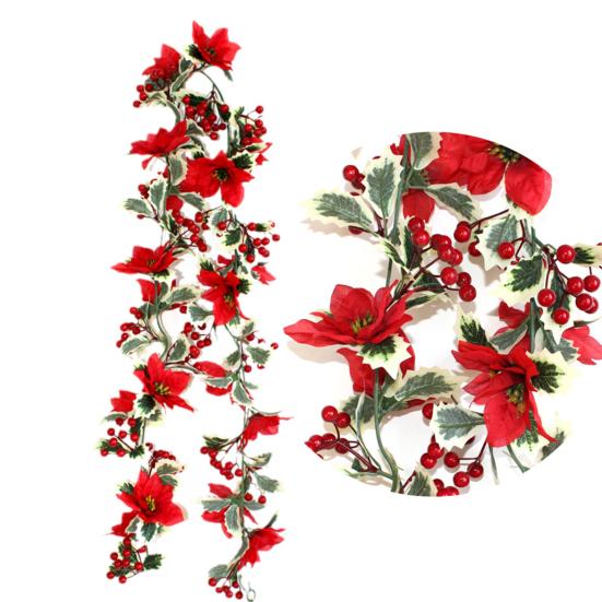 Рождественская искусственная гирлянда из ротанга с зелеными листьями и красными ягодами в помещении и на открытом воздухе, настенная подвеска, рождественские искусственные растения, украшение для праздничной вечеринки, реквизит для фотографий