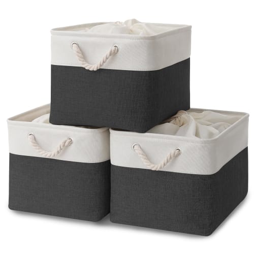 MiyabiLife Storage Boxes/Baskets, Set of 3, 40cm Wide X 30cm Deep X 24cm High, Drawstring Clothes, Foldable, Large Capacity, Stylish, Natural Cotton a