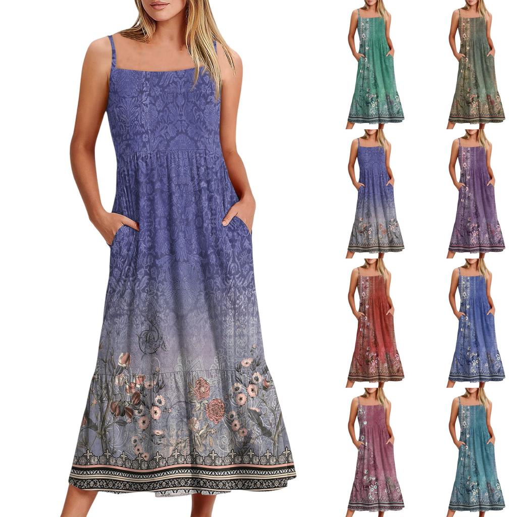 Женское длинное пляжное повседневное элегантное платье макси на тонких бретельках с цветочным принтом, струящееся платье в стиле бохо