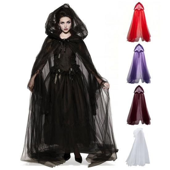 Halloween Ghost Cosplay Costume Cloak Adult Hooded Lace-up Full-Length Sheer Cape with Oversized Hood