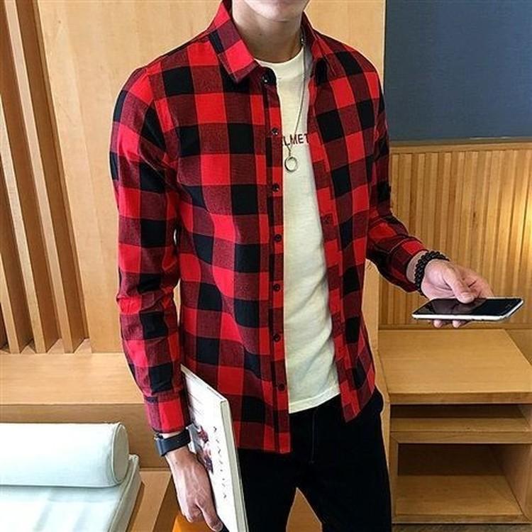 Мужская классическая клетчатая рубашка с длинным рукавом и клетчатым принтом, футболки с лацканами