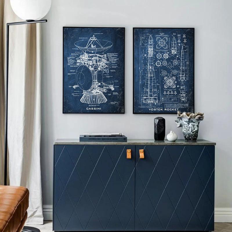 Винтажный постер на доске с чертежами на холсте, печать на холсте, космический челнок, произведение искусства, наука, настенное искусство, подарок, домашний декор комнаты