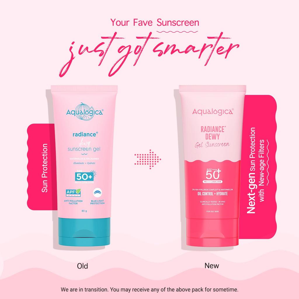 Aqualogica Солнцезащитный гель Radiance+ с эффектом сияния - 80 г | SPF 50+ PA++++ | Протестировано in-vivo | Фильтры нового поколения | Фактор защиты от загрязнений | Для сияющей кожи
