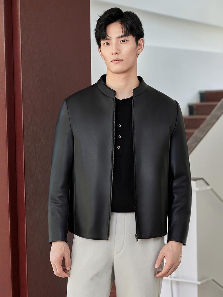 Beast King Men's Winter Sheepskin Stand Collar Business Casual Cotton Jacket Leather Coat