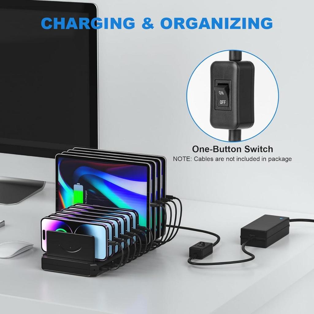 10-слотовое USB-зарядное устройство и настольный органайзер с Type-C для планшетов и телефонов