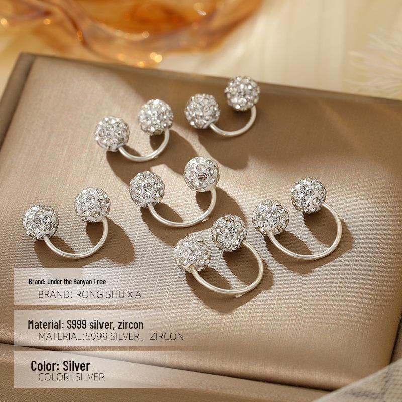 Banyan Tree S999 Silver U-shaped Diamond Ball Earrings for Women