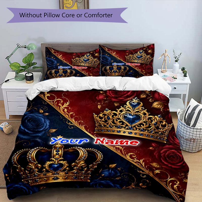 3PC Custom Name Royal Crowns Roses Bedding Set Printed Bedding Set Duvet Cover Closure Includes 1 Duvet Cover & 2 Pillowcases for All Seasons Bedroom