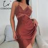 New Summer Ladies Silk Sling Nightdress Women's Sexy Lingerie Satin Sleepwear Lace Cup V-neck Nightwear Homewear M-XXL