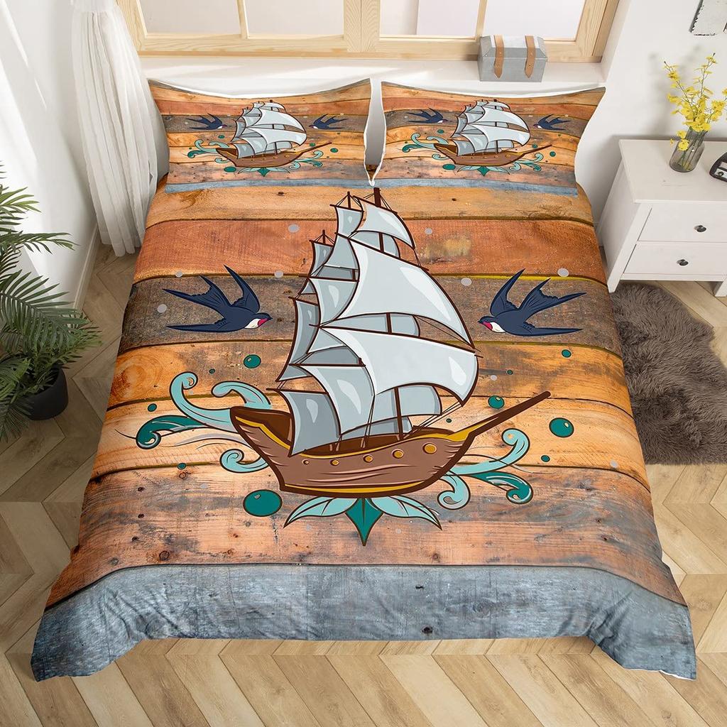 Комплект пододеяльника для парусника Размер Твин Кинг Квин Морская тема Чайка Постельный комплект Микрофибра Рустикальная деревянная доска Пододеяльник