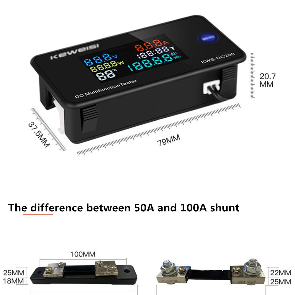 DC 0-200V Digital Voltmeter Voltage Seven Functions Power Energy Meter LED Color Display Wattmeter 0-10/50/100A KWS-DC200