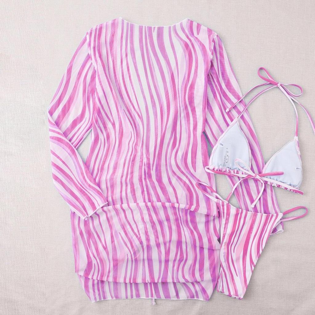 Купальник женский, разделенный комплект из трех предметов, трехточечный свитер с длинными рукавами, полосатые комплекты бикини на шнурке