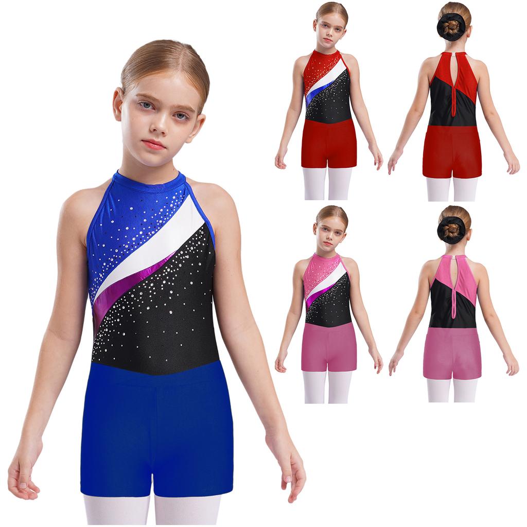 Girls Sleeveless Rhinestones Patchwork Leotard Hair Band V Front Waistband Shorts Dance Gymnastics Set