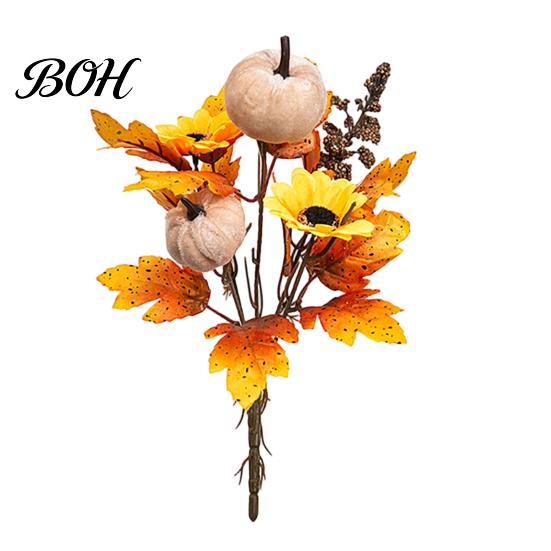 Seasonal Fabric Flower Bouquet Artificial Fall with Pumpkins Maple Leaves Wheat Berries, Faux Autumn Home Decor for Thanksgiving Centerpieces, Floral