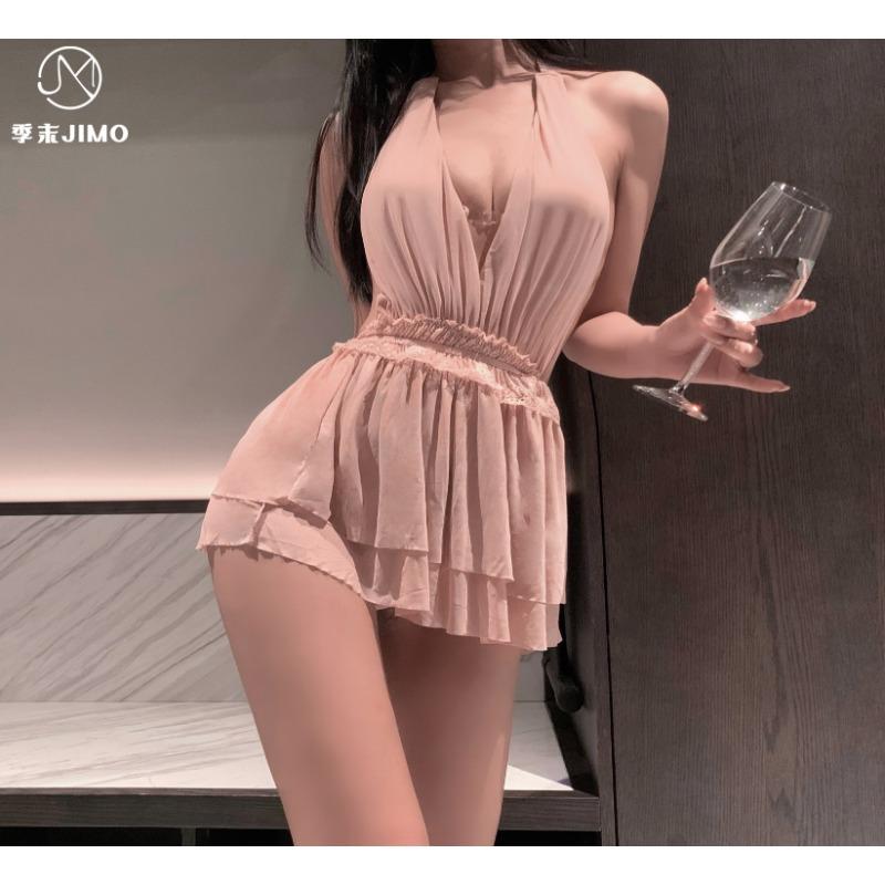 Sex underwear deep V sexy backless double-layer mesh perspective temptation neck loungewear