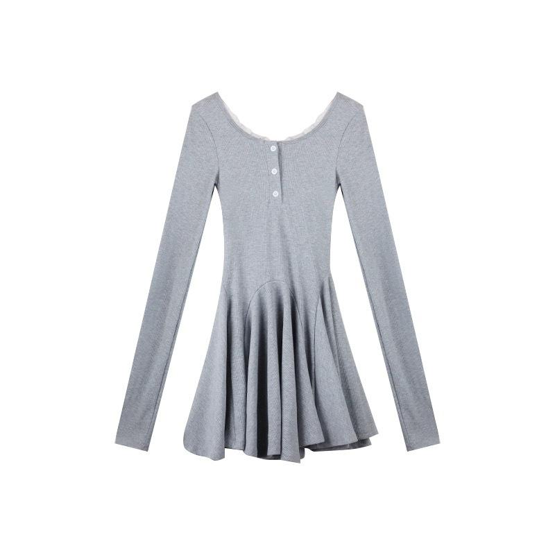 Grey Spice Girl Long Sleeve Dress Women's Autumn Waist A-Word Skirt