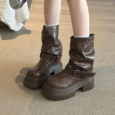 Платформа Толстая Подошва Женские Ботильоны Мода Пряжка Ремень Обувь 2025 Осень Зима Женские Слипоны Короткие Ботильоны