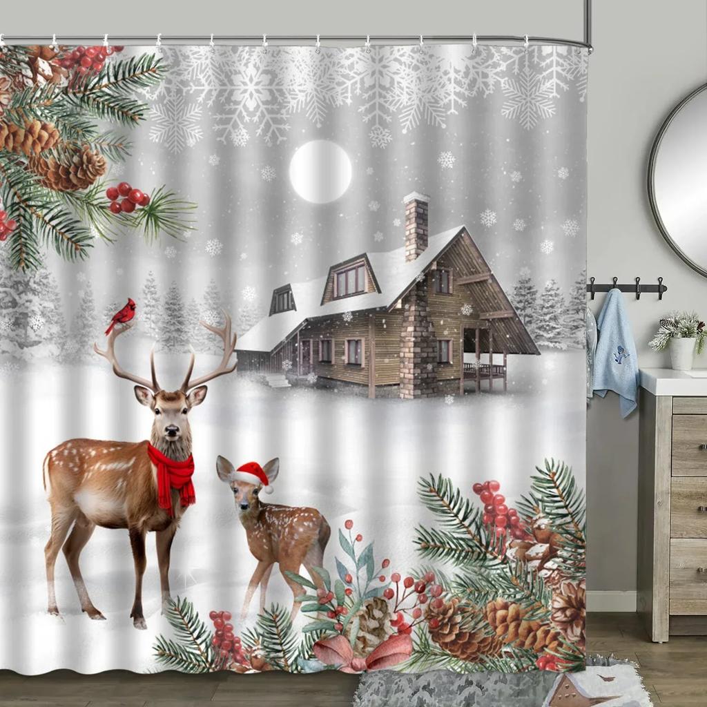 Christmas Shower Curtain, Winter Farm Barn Snowman Animal Moose Berry Christmas Tree Snow Scene Red Bird Bathroom Decoratio.